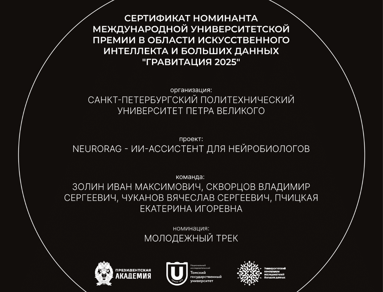 Gravity 2025 Award Certificate for Nominated SPbPU Project